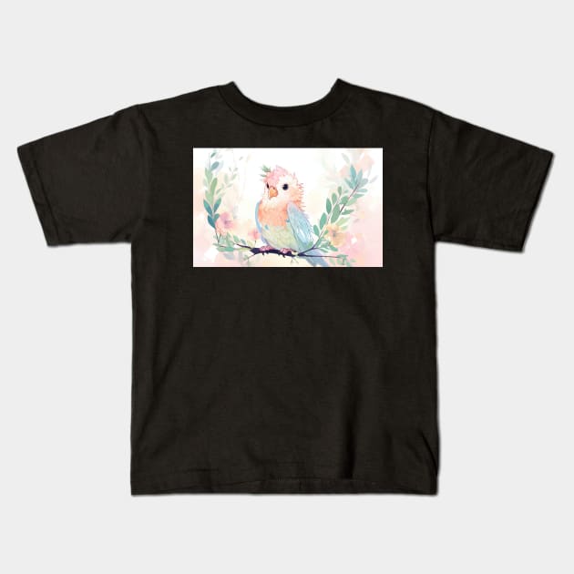 Whimsical and Cute Watercolor Bird Kids T-Shirt by A Badger